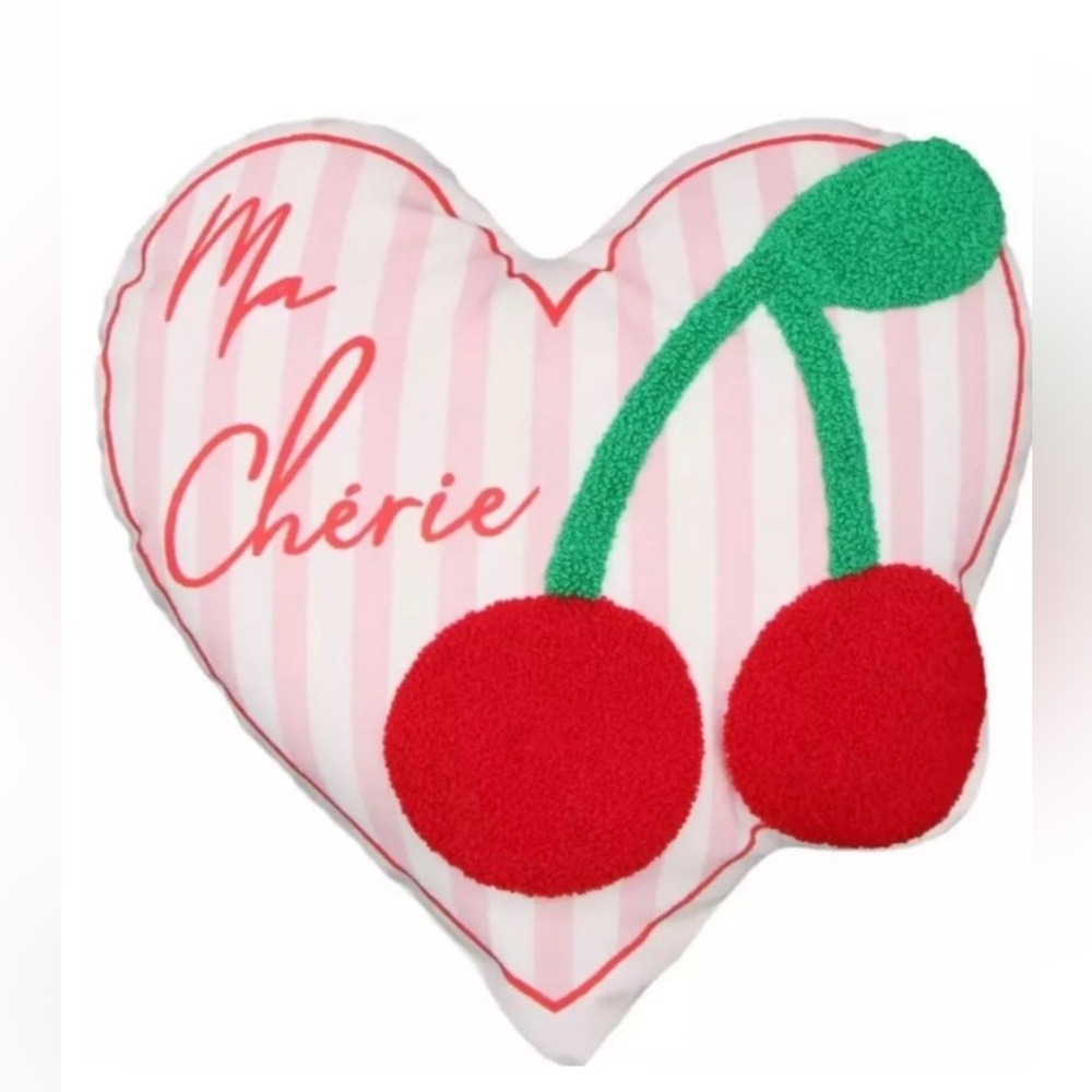 Ma Chérie Heart-Shaped Pillow with Red embroidered cherries New with tag